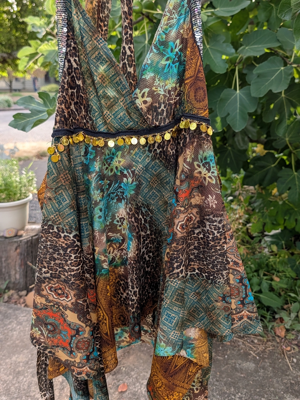 Boho Floral & Leopard Print Halter Top with Gold Coin Trim - Turquoise / Brown